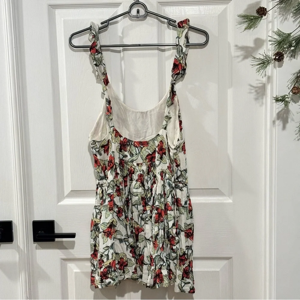 FREE PEOPLE Floral Tropical Ruffle Shoulder Side Tie‎ POCKETS Mini Dress SIZE XS
